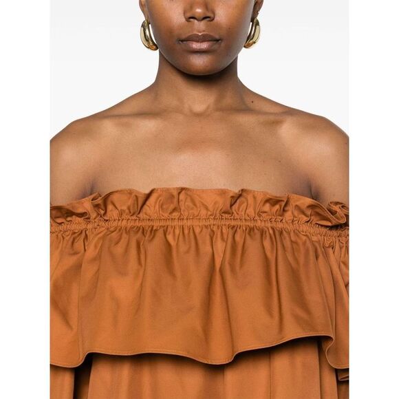 SAINT LAURENT Off-the-Shoulder Ruffled Midi Dress Women BROWN Dresses